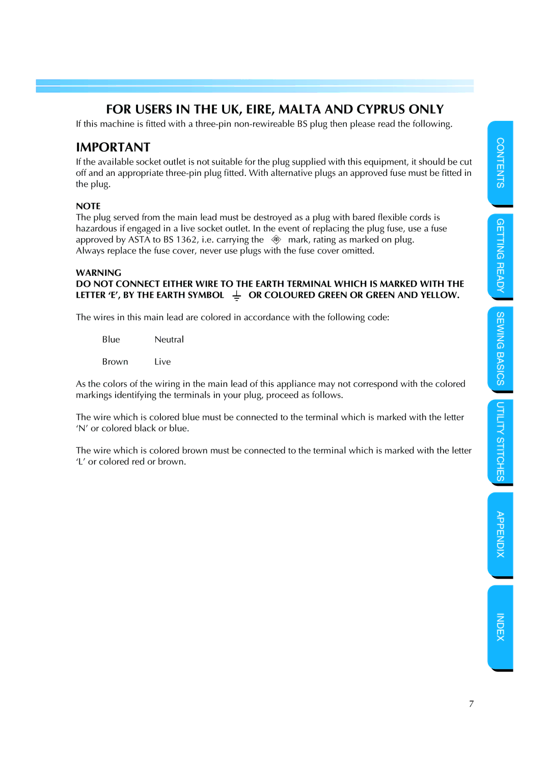 Brother CS 8060 manual For Users in the UK, EIRE, Malta and Cyprus only 