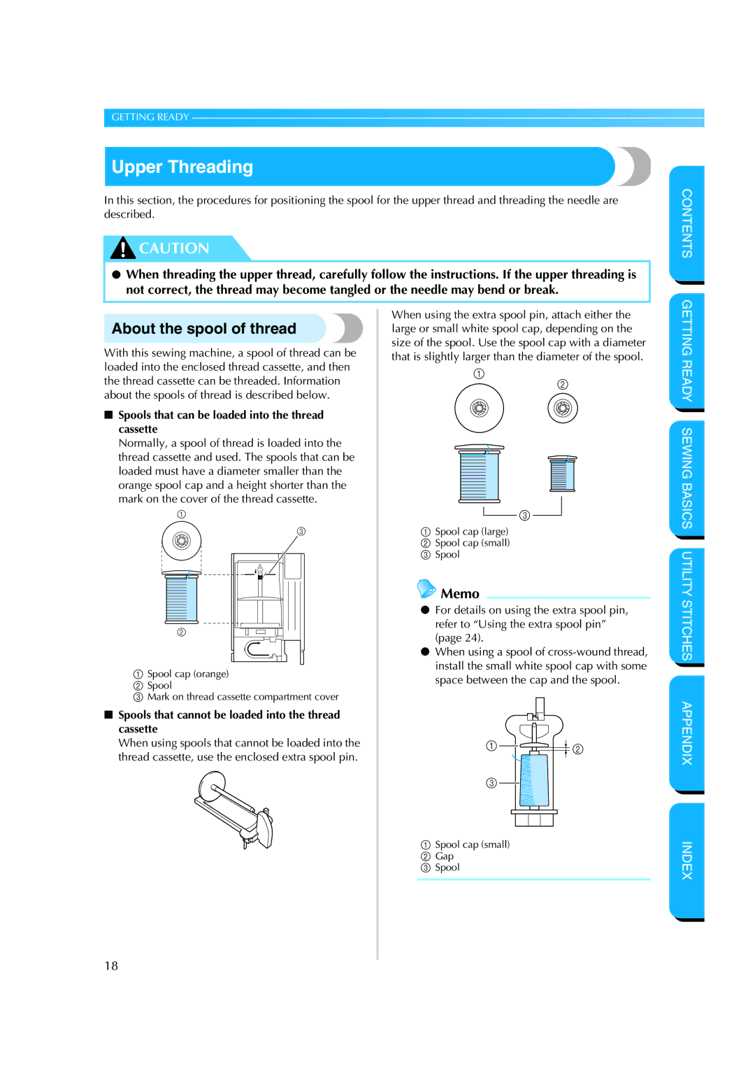 Brother CS 8060 manual Upper Threading, About the spool of thread, Spools that can be loaded into the thread cassette 