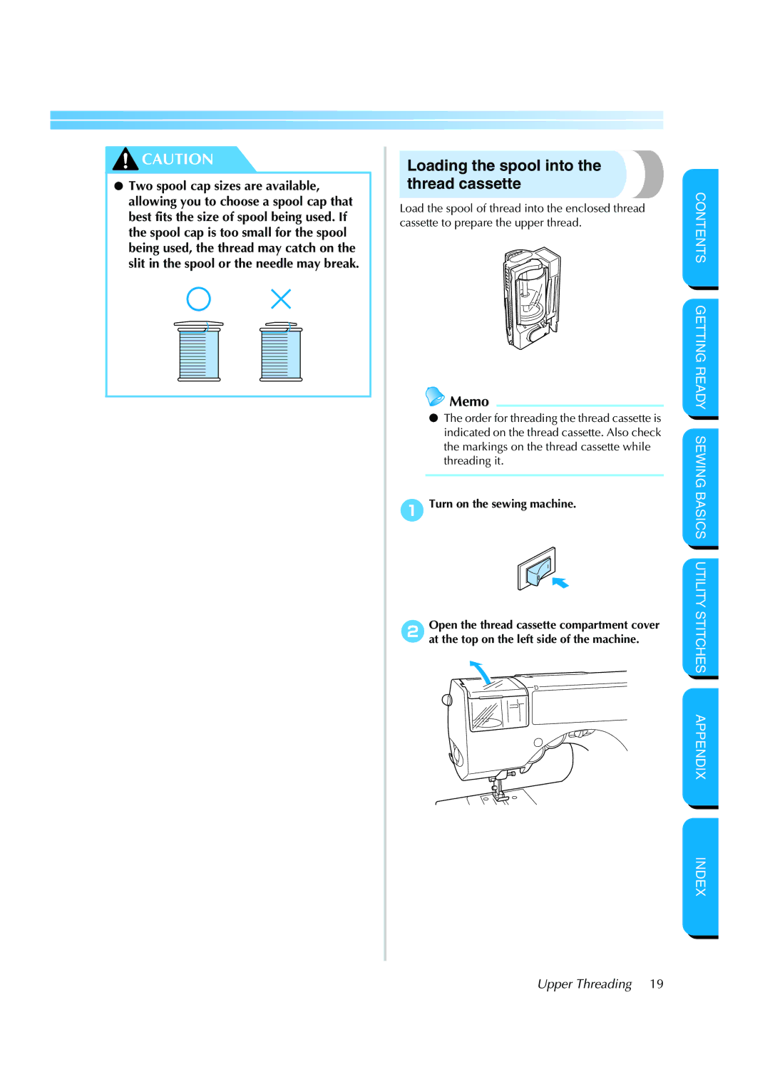 Brother CS 8060 manual Loading the spool into the thread cassette, Upper Threading 