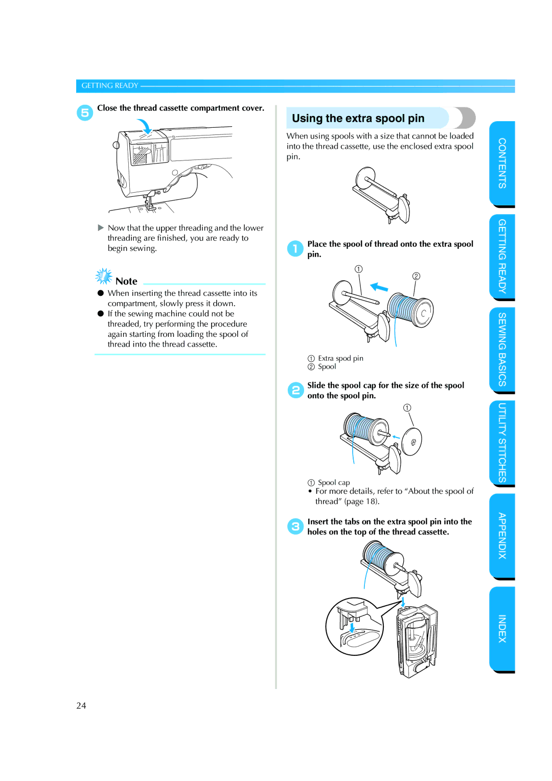 Brother CS 8060 manual Using the extra spool pin, 5Close the thread cassette compartment cover 