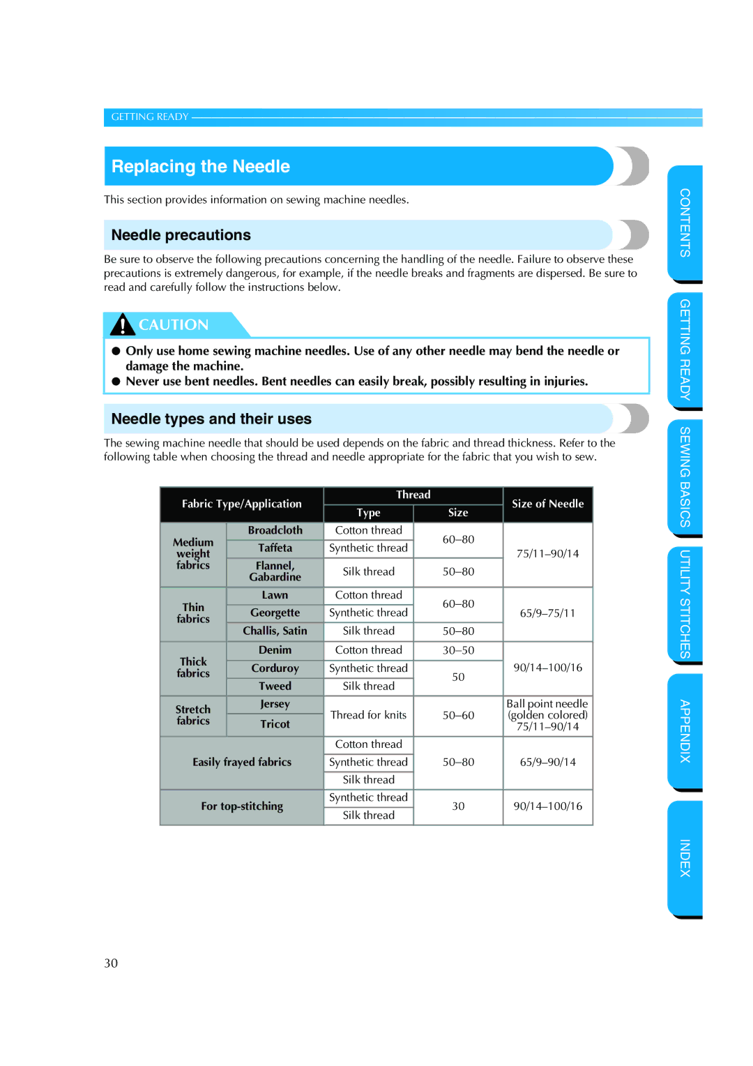 Brother CS 8060 manual Replacing the Needle, Needle precautions, Needle types and their uses, Fabrics 