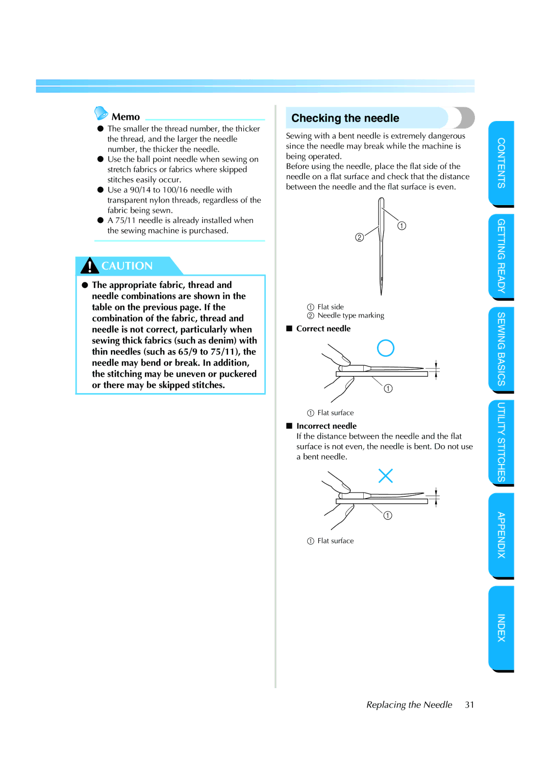 Brother CS 8060 manual Checking the needle, Correct needle, Incorrect needle 