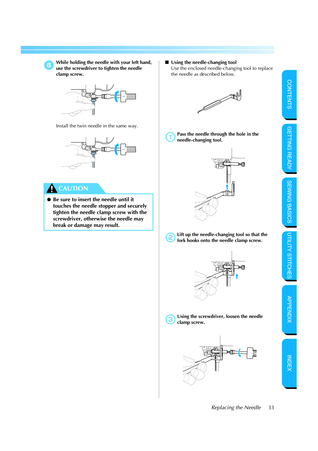 Brother CS 8060 manual Install the twin needle in the same way, 3Using the screwdriver, loosen the needle clamp screw 