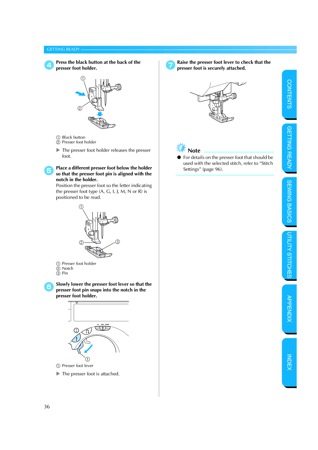 Brother CS 8060 manual Presser foot holder releases the presser foot, Presser foot is attached 