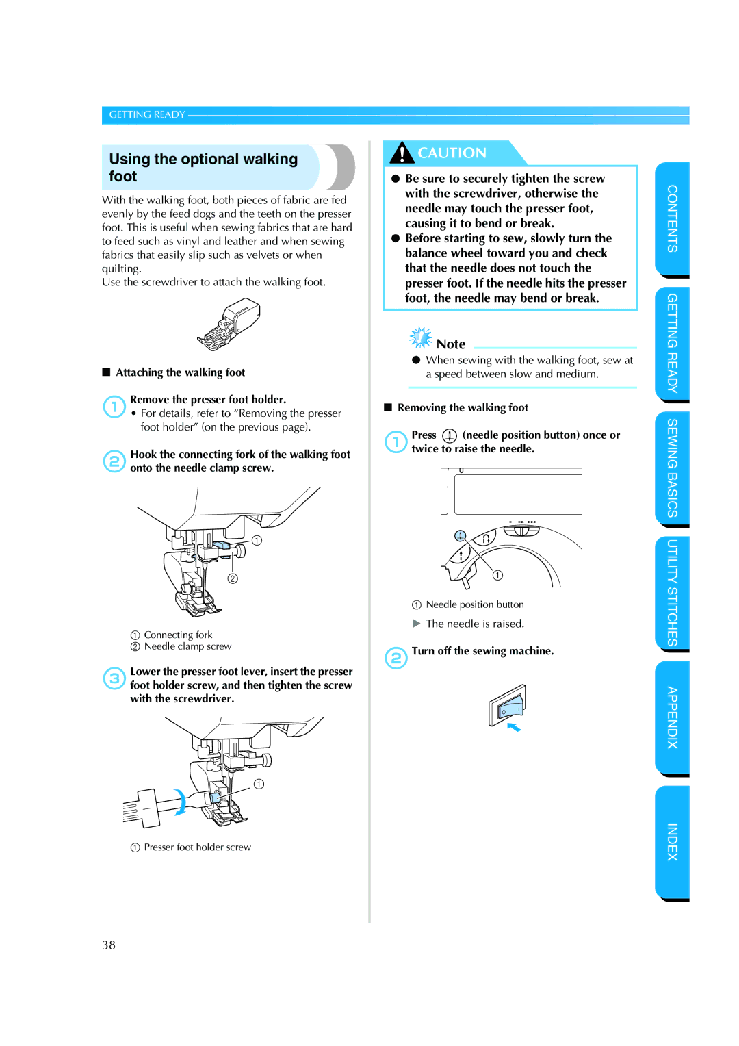 Brother CS 8060 manual Using the optional walking foot, Attaching the walking foot 1Remove the presser foot holder 