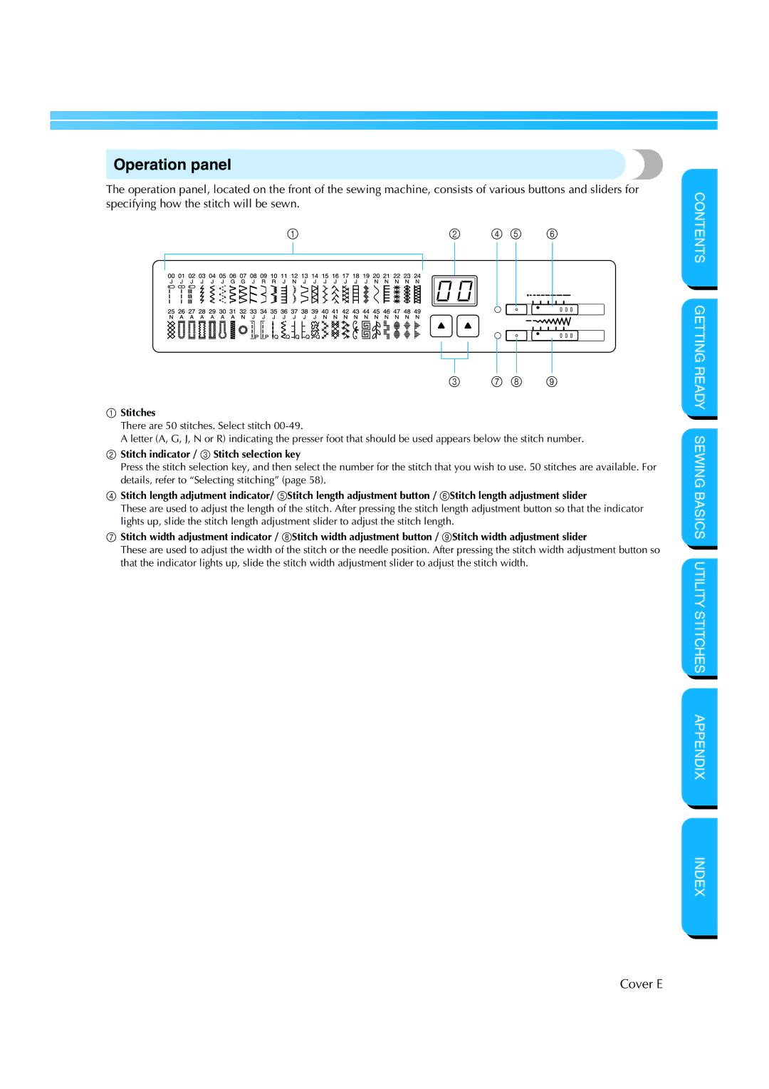 Brother CS 8060 manual Operation panel, Stitches 