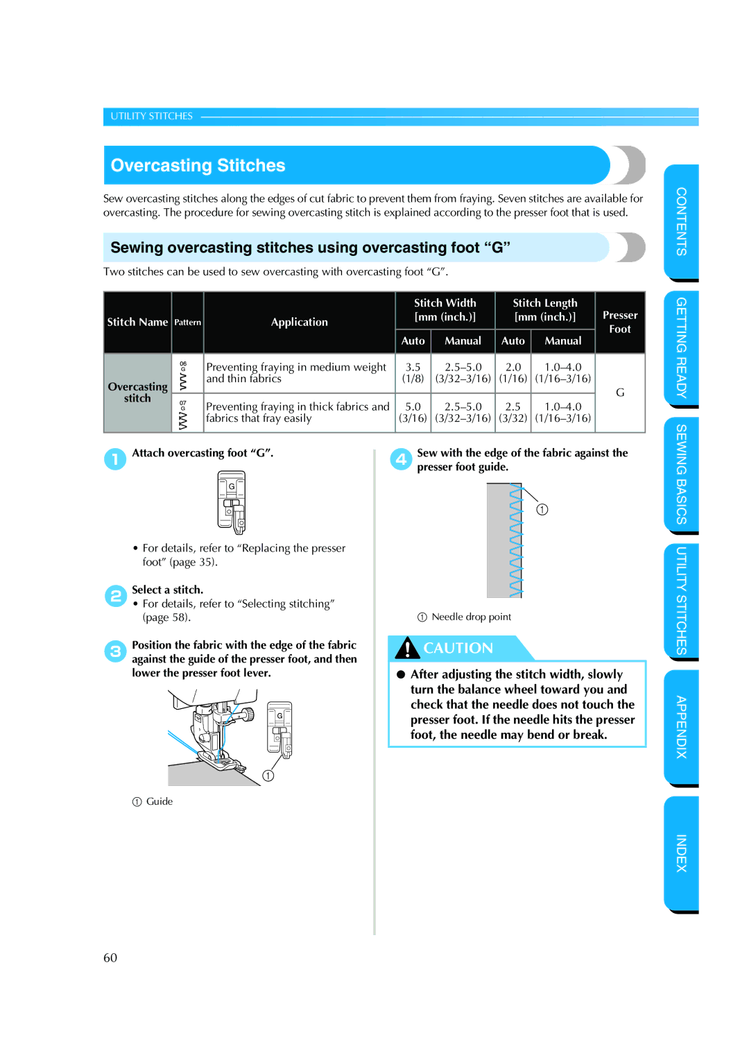 Brother CS 8060 Overcasting Stitches, Sewing overcasting stitches using overcasting foot G, Attach overcasting foot G 