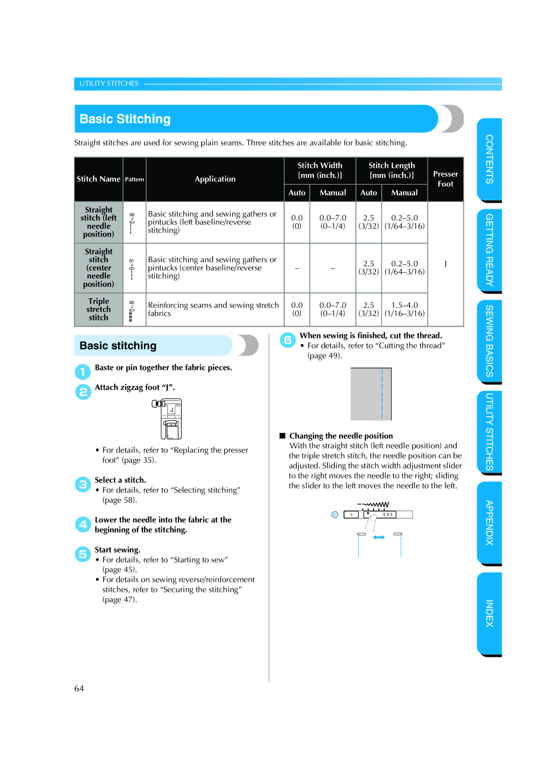 Brother CS 8060 Basic Stitching, Basic stitching, Position, 3Select a stitch, When sewing is finished, cut the thread 