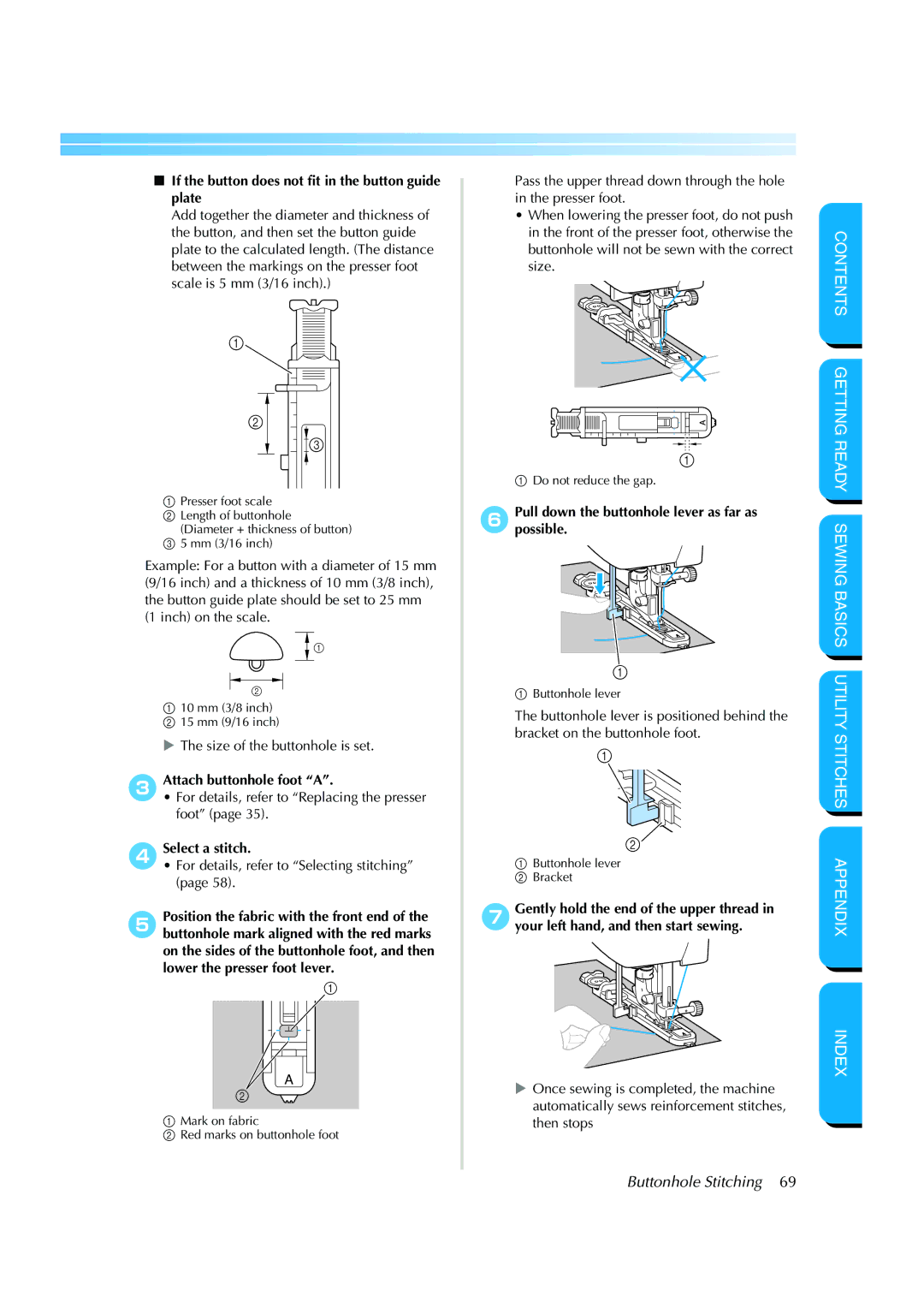 Brother CS 8060 manual If the button does not fit in the button guide plate, Size of the buttonhole is set 