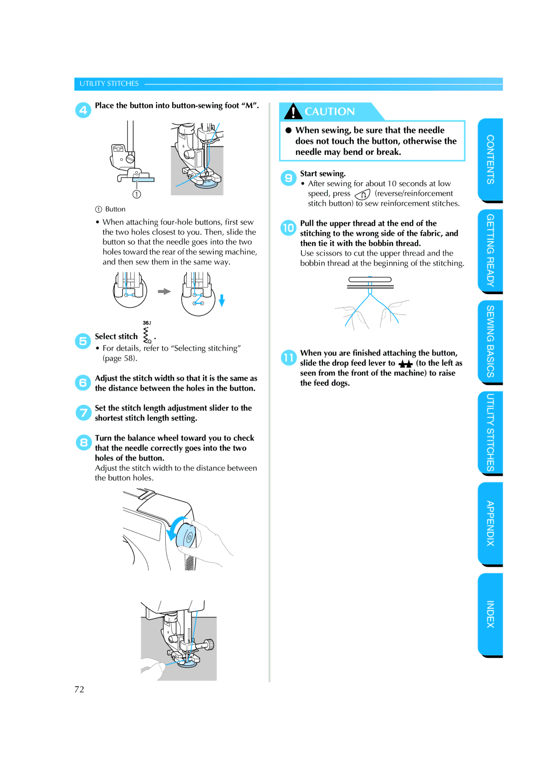 Brother CS 8060 manual 4Place the button into button-sewing foot M, 5Select stitch 