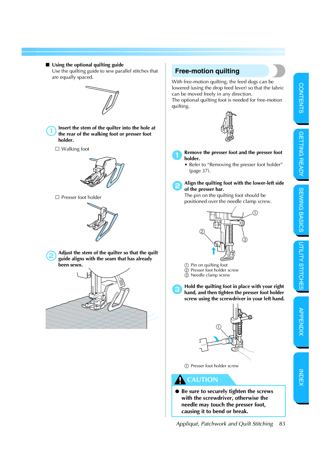 Brother CS 8060 manual Free-motion quilting, Using the optional quilting guide, Walking foot Presser foot holder 