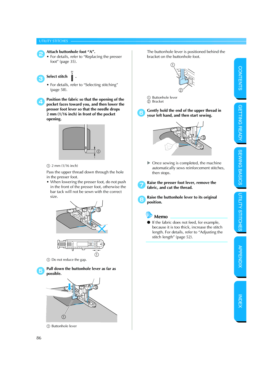 Brother CS 8060 manual 2Attach buttonhole foot a, 5Pullpossible.down the buttonhole lever as far as 