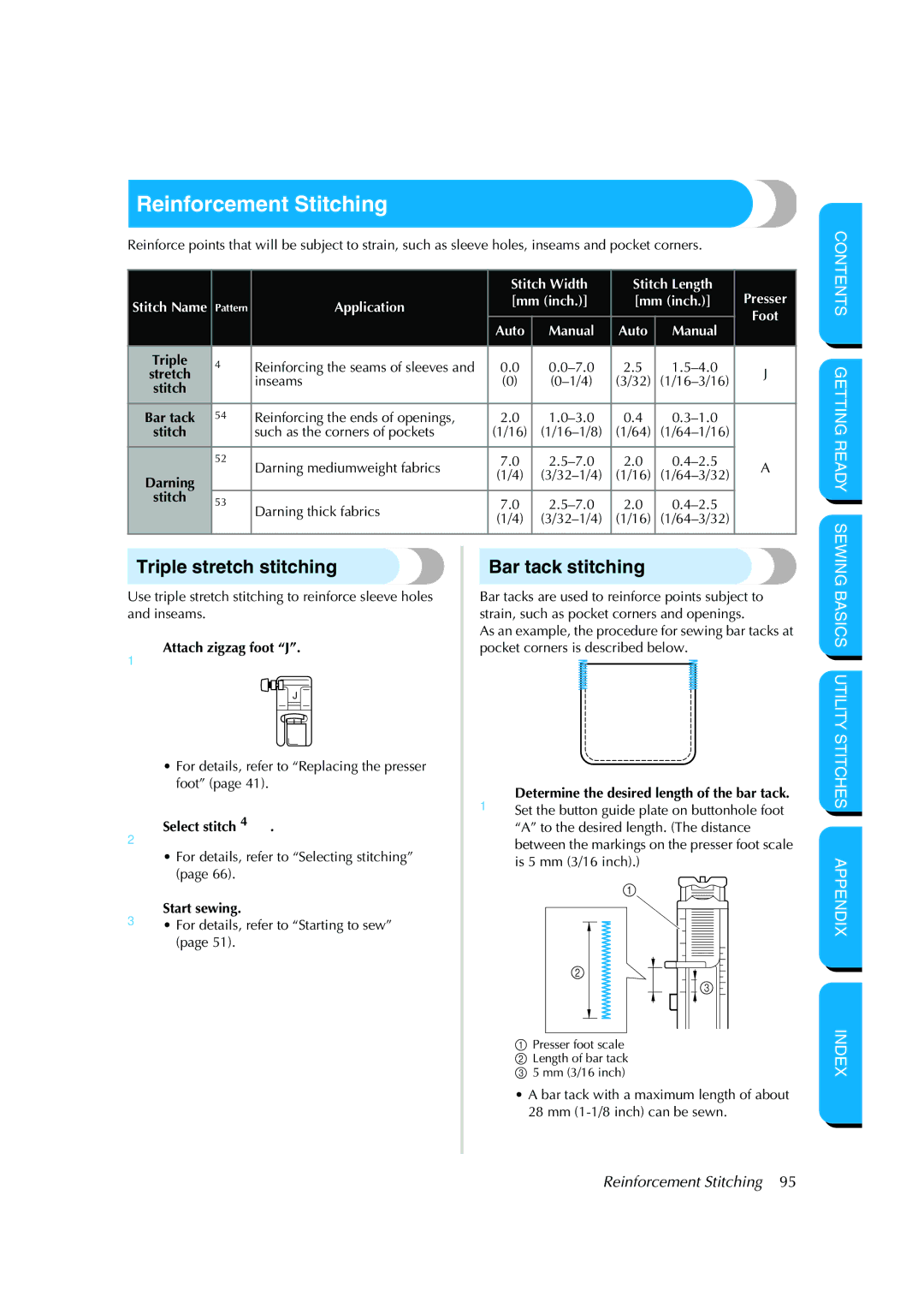 Brother CS-8150 manual Reinforcement Stitching, Triple stretch stitching, Bar tack stitching 