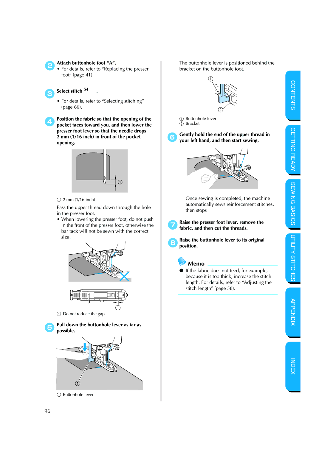 Brother CS-8150 manual 2Attach buttonhole foot a, 5Pullpossible.down the buttonhole lever as far as 