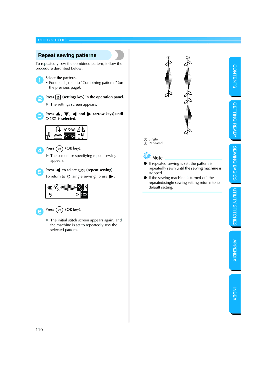 Brother CS-8150 manual Repeat sewing patterns, Select the pattern, Press settings key in the operation panel 