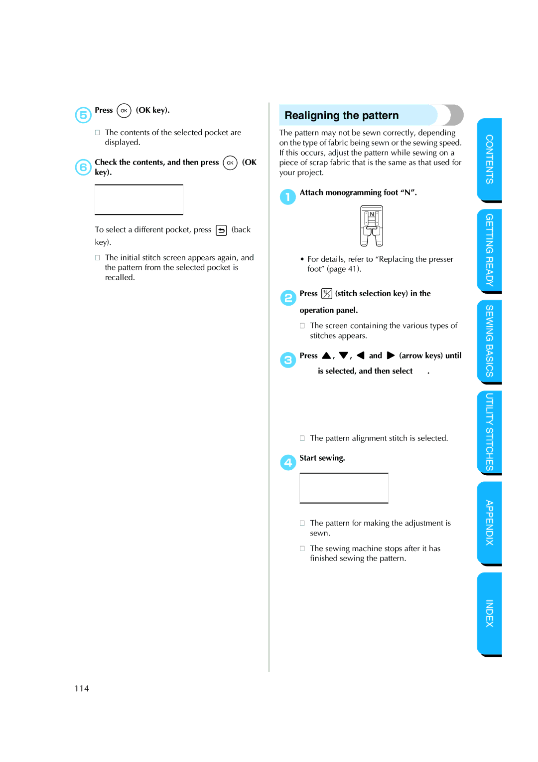 Brother CS-8150 manual Realigning the pattern, 6Checkkey. the contents, and then press OK 