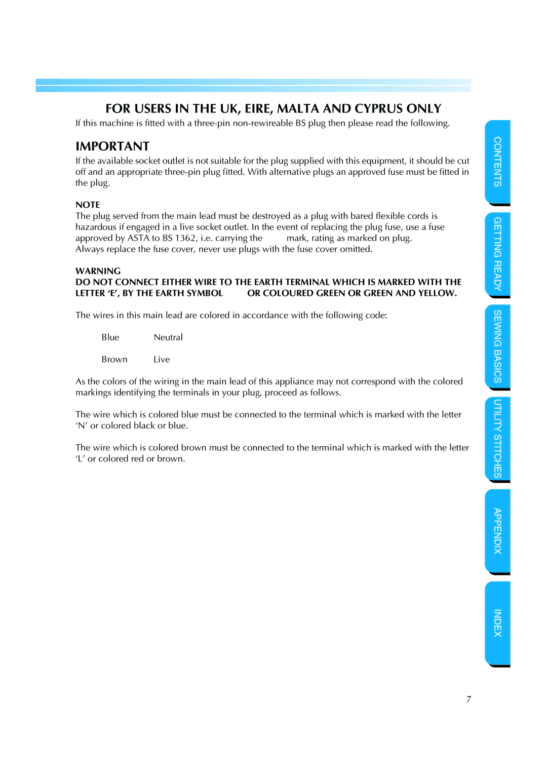 Brother CS-8150 manual For Users in the UK, EIRE, Malta and Cyprus only 