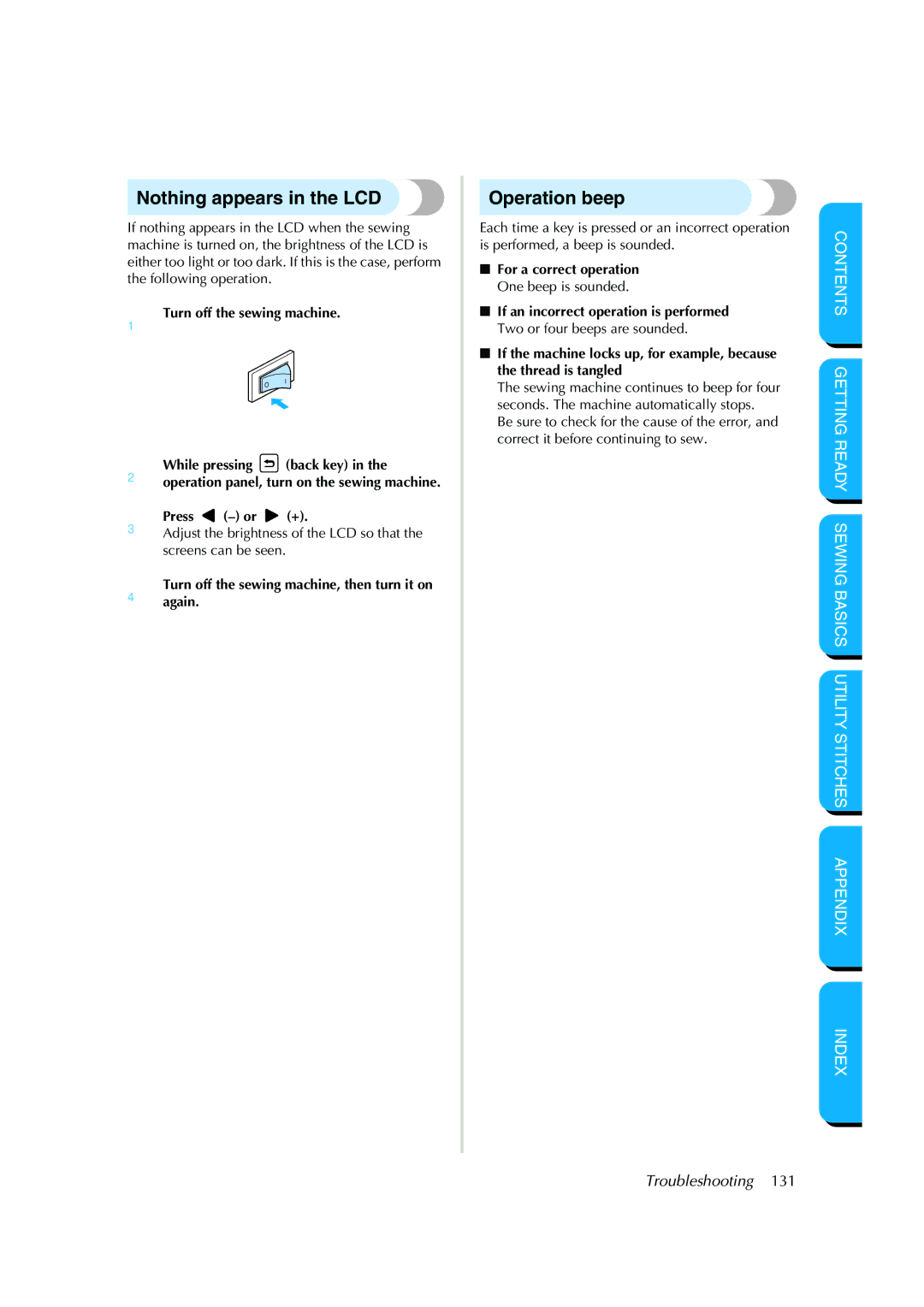 Brother CS-8150 manual Nothing appears in the LCD, Operation beep 