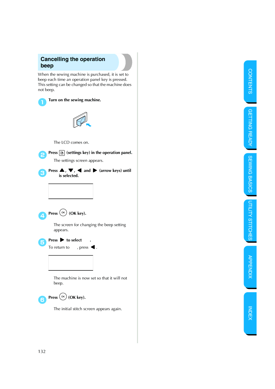 Brother CS-8150 Cancelling the operation beep, 2Press settings key in the operation panel, 5Press To select To return to 