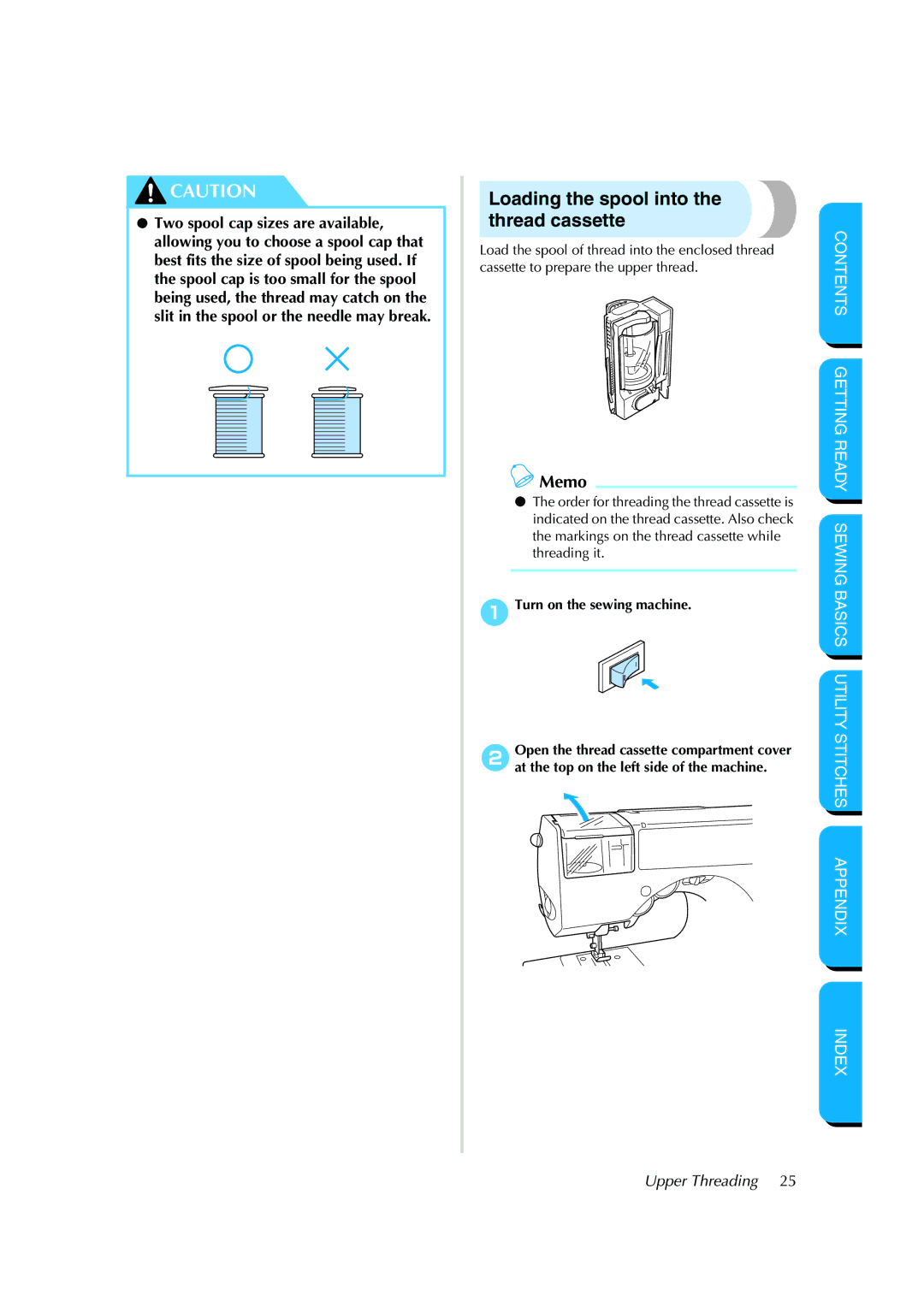 Brother CS-8150 manual Loading the spool into the thread cassette, Upper Threading 