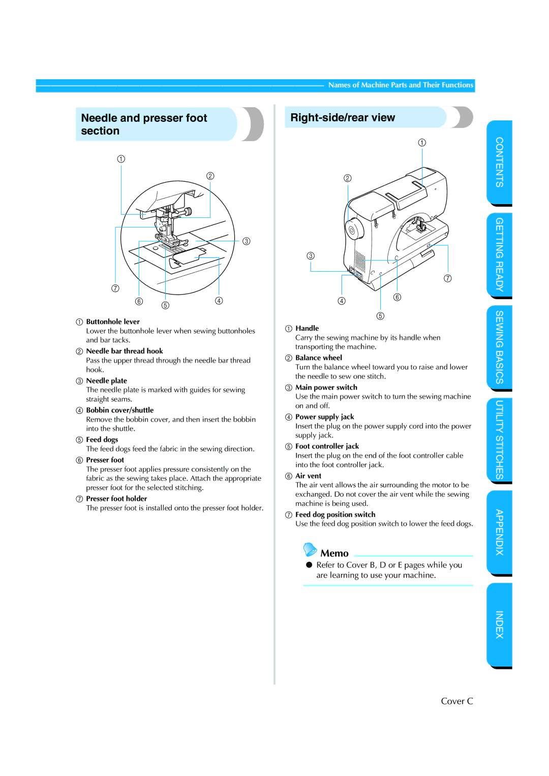 Brother CS-8150 manual Needle and presser foot section Right-side/rear view, Getting Ready 