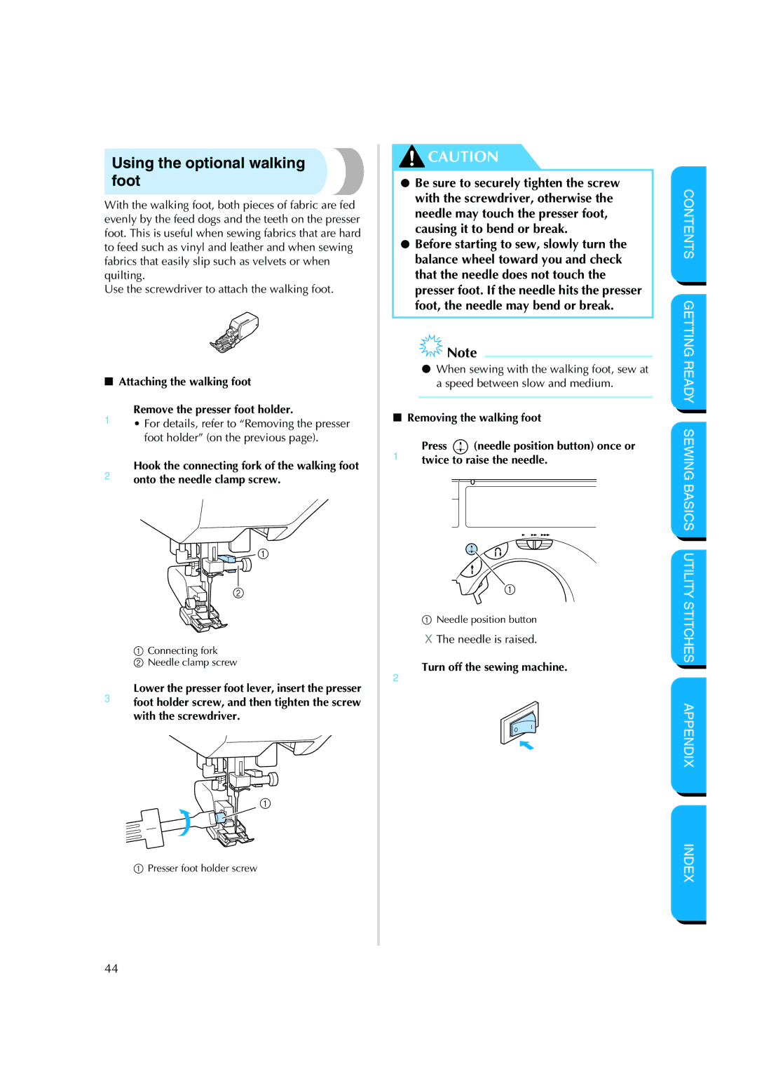 Brother CS-8150 manual Using the optional walking foot, Attaching the walking foot 1Remove the presser foot holder 