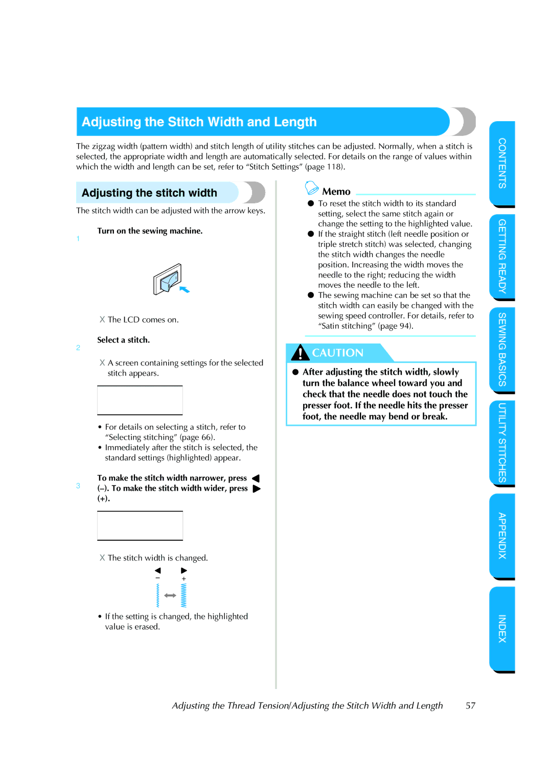 Brother CS-8150 manual Adjusting the Stitch Width and Length, Adjusting the stitch width, 2Select a stitch 