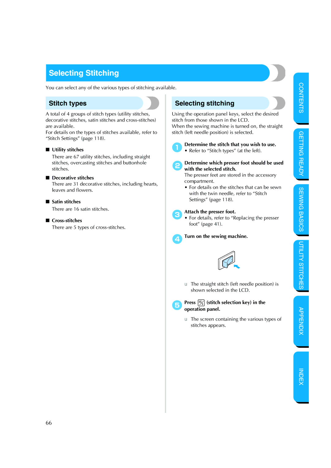 Brother CS-8150 manual Selecting Stitching, Stitch types, Selecting stitching 