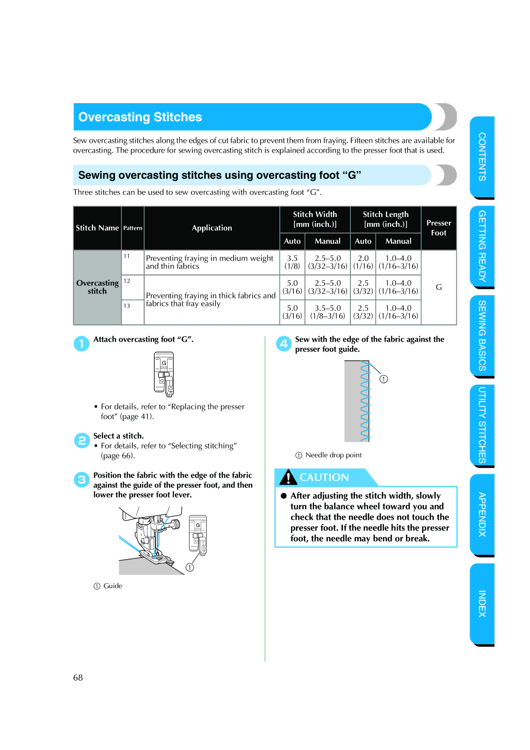 Brother CS-8150 manual Overcasting Stitches, Sewing overcasting stitches using overcasting foot G 