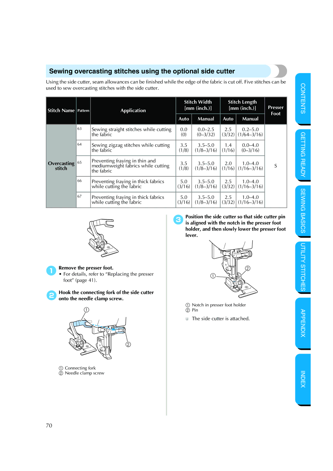 Brother CS-8150 manual Sewing overcasting stitches using the optional side cutter, Remove the presser foot 