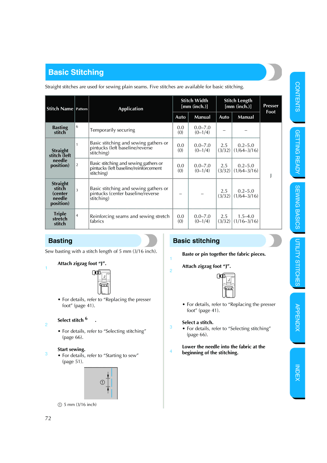 Brother CS-8150 manual Basic Stitching, Basting, Basic stitching 