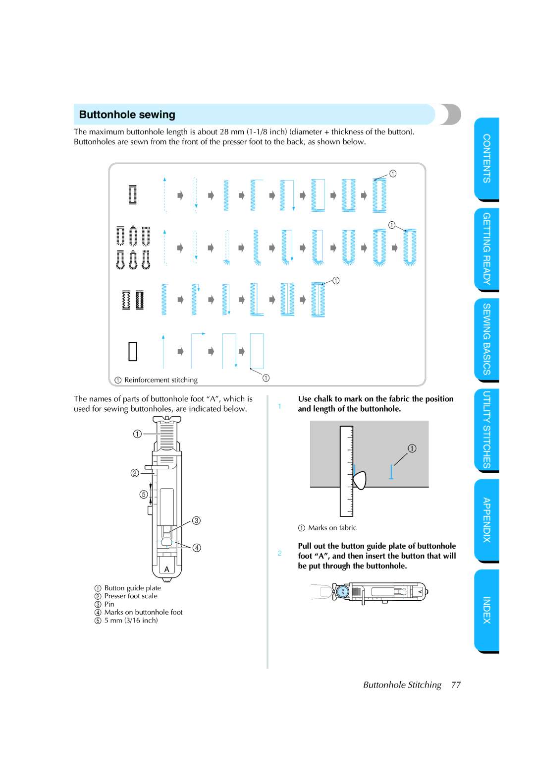 Brother CS-8150 manual Buttonhole sewing, Buttonhole Stitching 