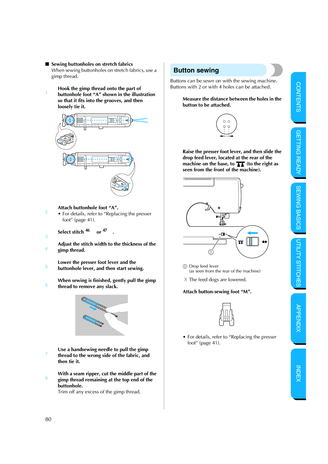 Brother CS-8150 manual Button sewing, Sewing buttonholes on stretch fabrics, Attach button-sewing foot M 