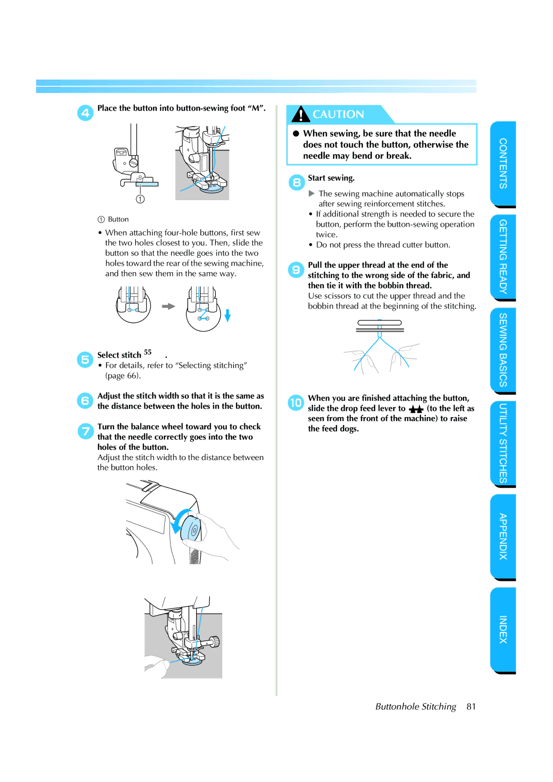 Brother CS-8150 manual 4Place the button into button-sewing foot M, 5Select stitch, 8Start sewing 