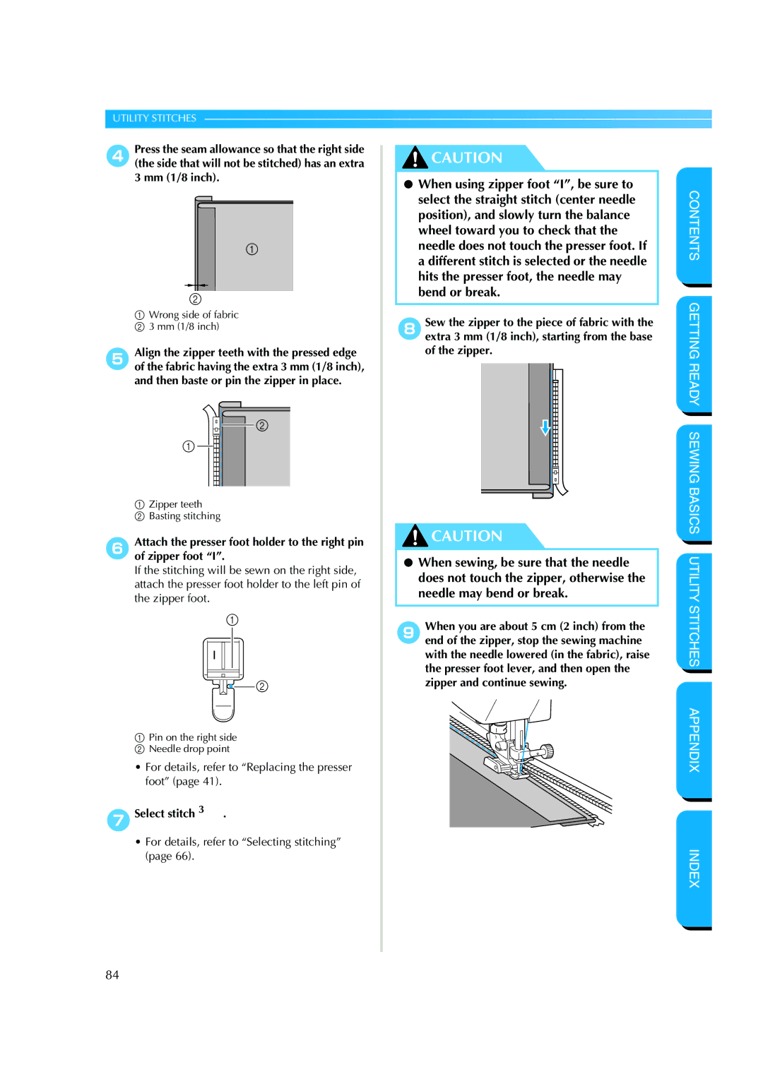 Brother CS-8150 manual 7Select stitch, Wrong side of fabric Mm 1/8 inch 