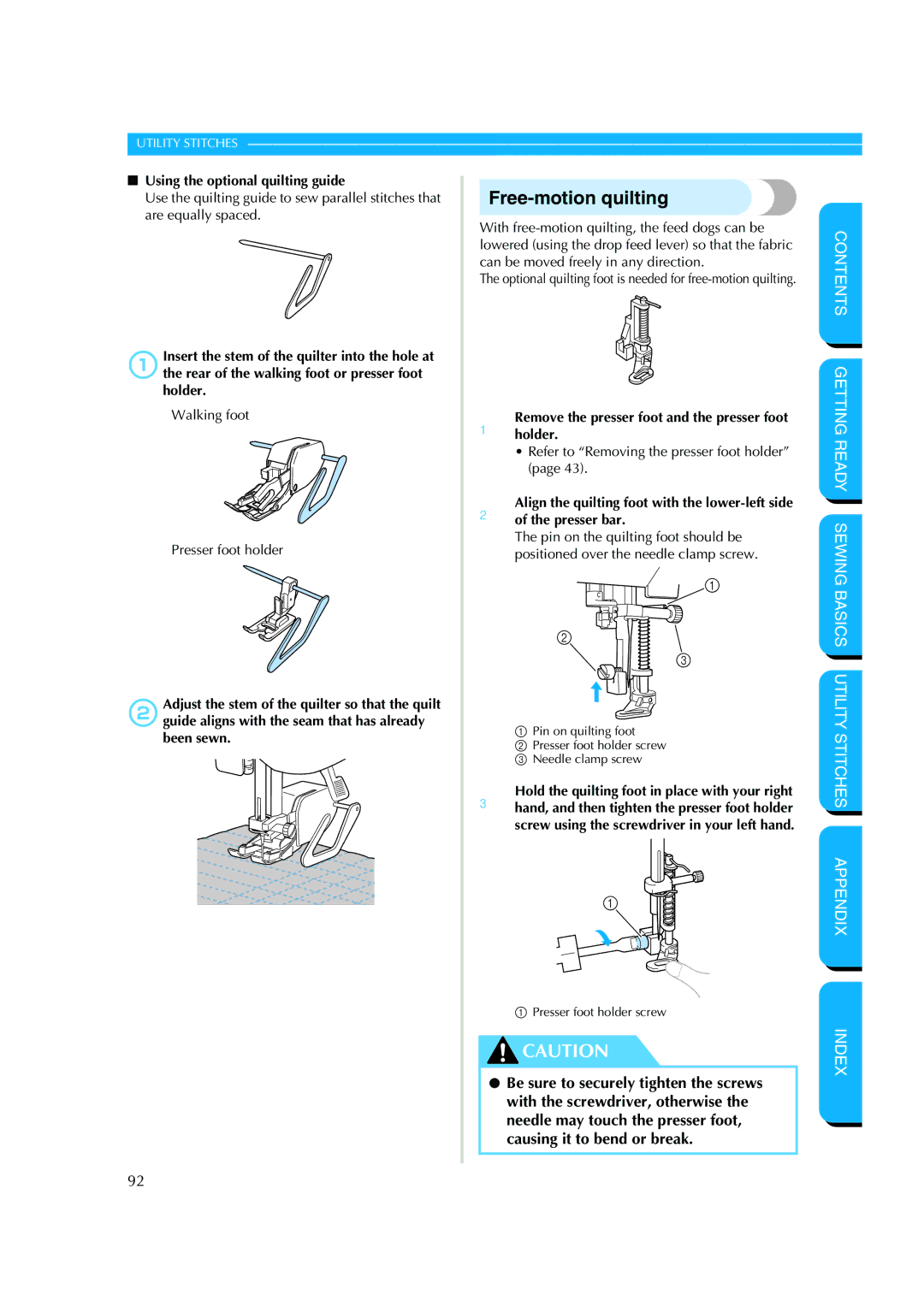 Brother CS-8150 manual Free-motion quilting, Using the optional quilting guide 