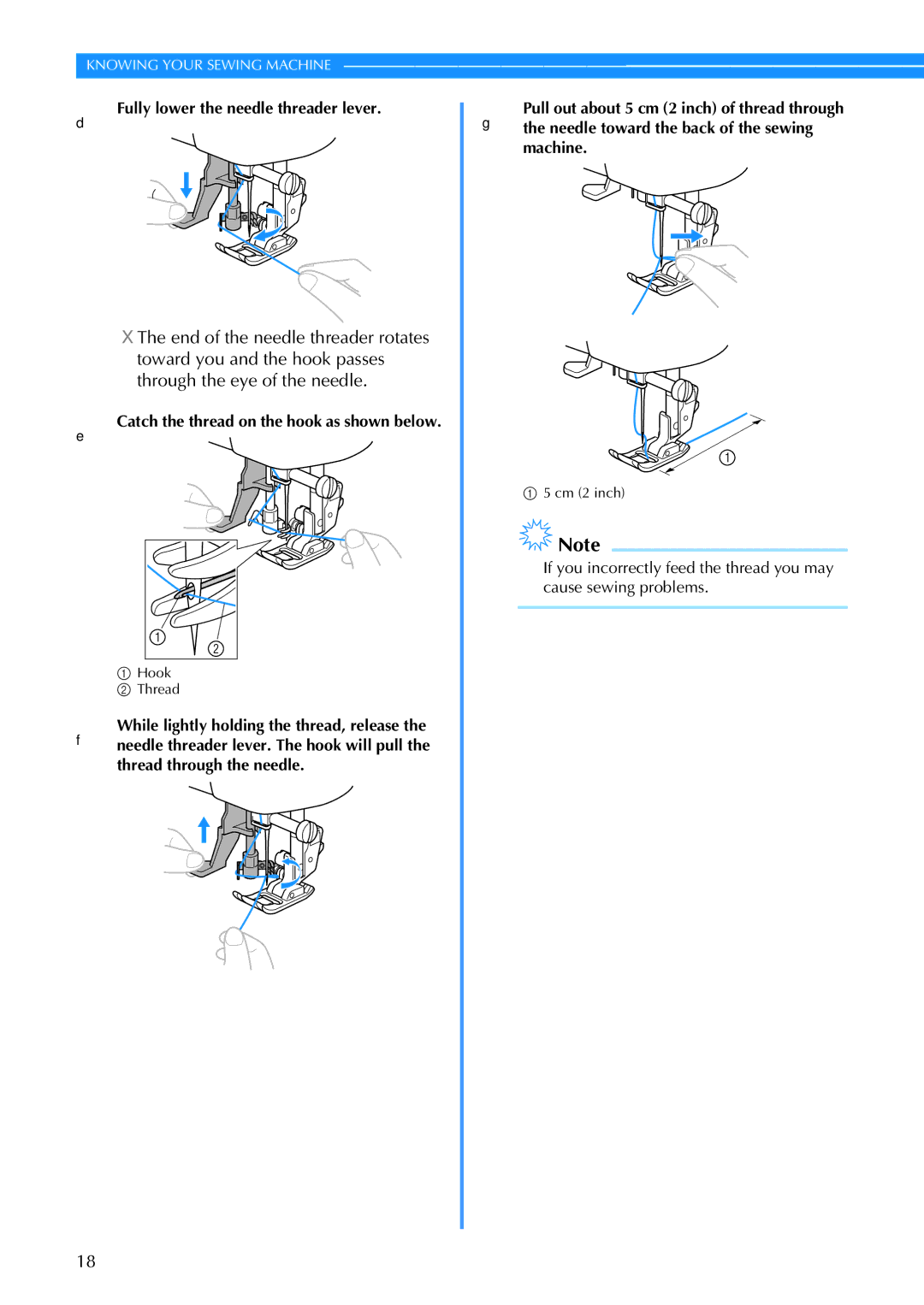 Brother CS6000I operation manual DFully lower the needle threader lever, Catch the thread on the hook as shown below 