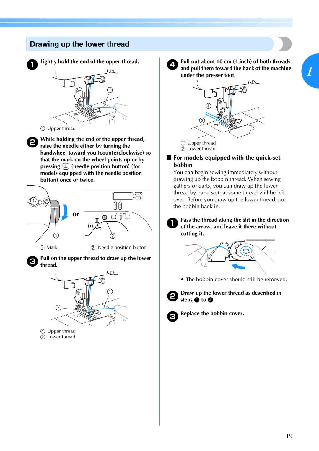 Brother CS6000I operation manual Drawing up the lower thread, For models equipped with the quick-set bobbin 