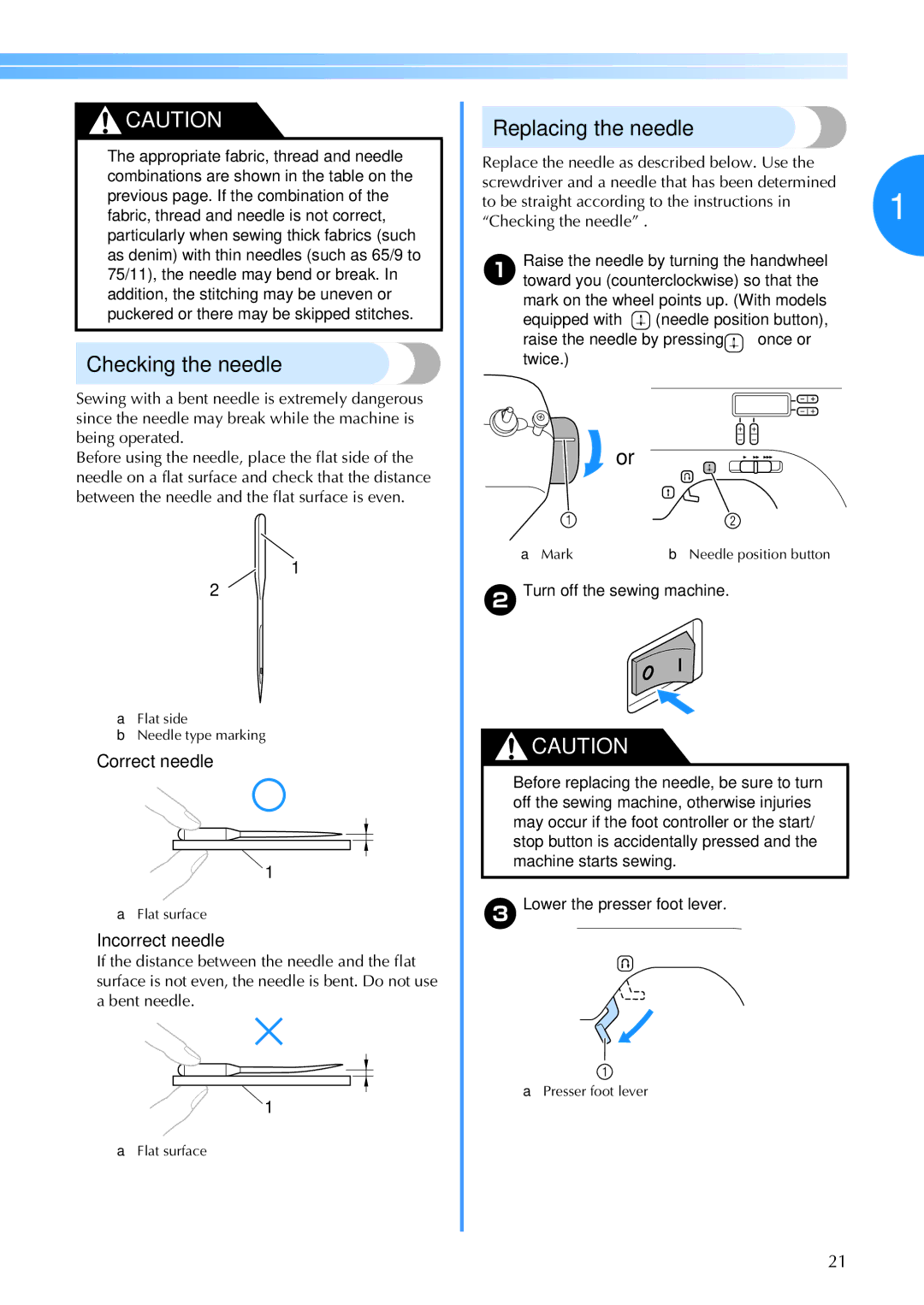 Brother CS6000I operation manual Checking the needle, Replacing the needle, Correct needle, Incorrect needle 