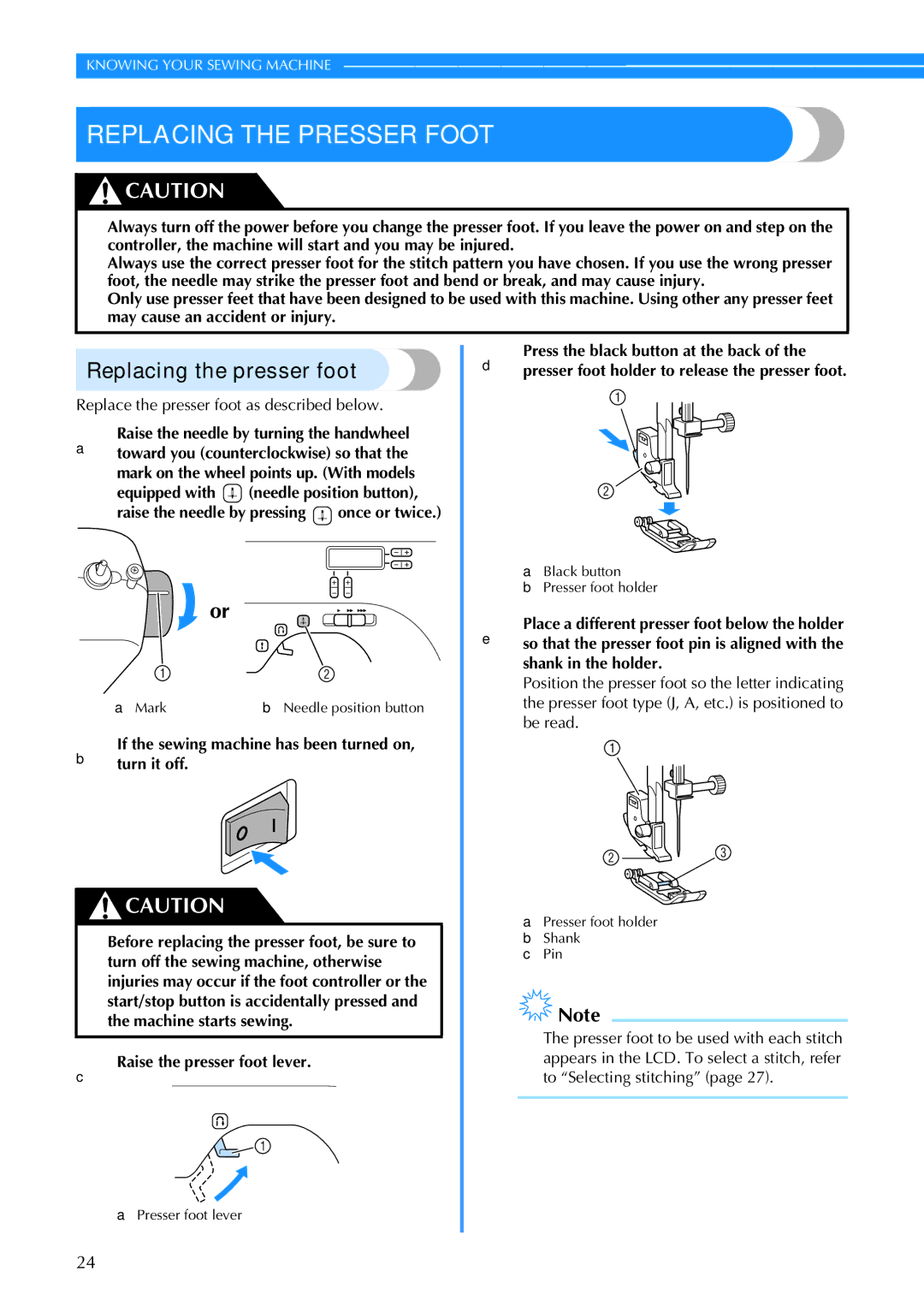 Brother CS6000I Replacing the Presser Foot, Replacing the presser foot, Mark on the wheel points up. With models 