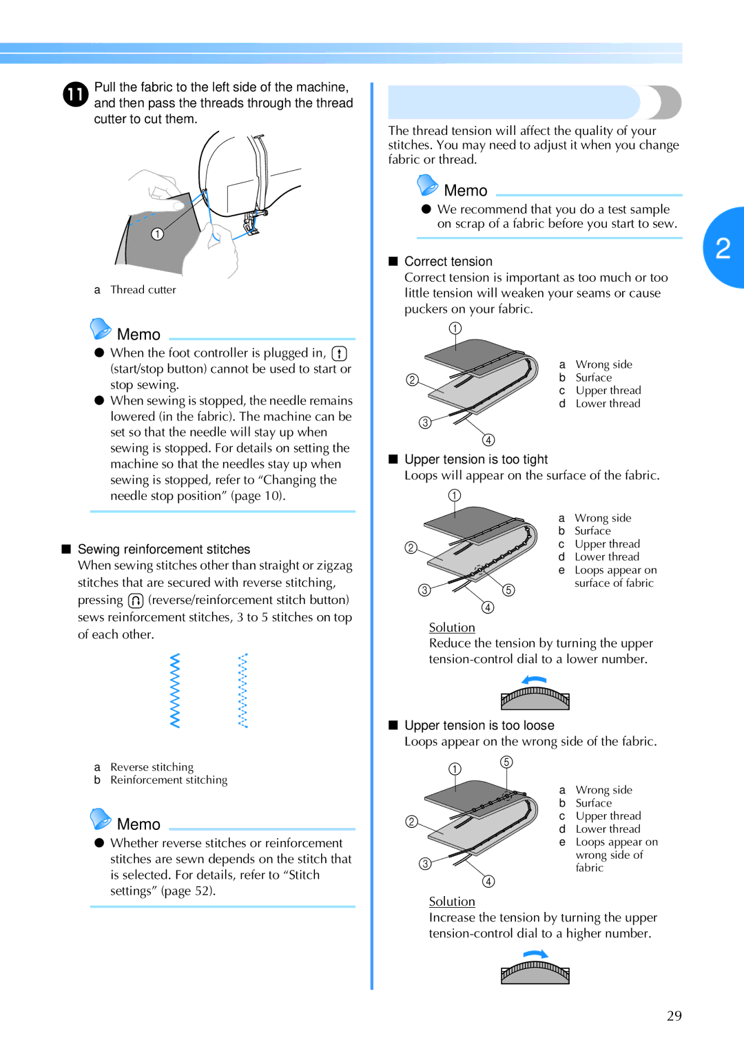 Brother CS6000I operation manual Thread tension, Sewing reinforcement stitches, Correct tension, Upper tension is too tight 