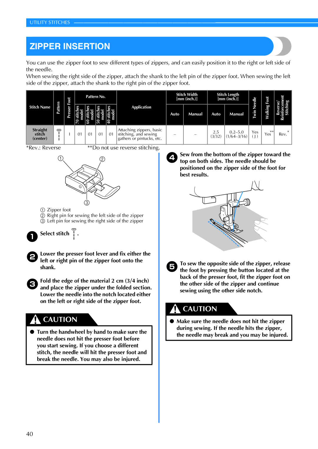 Brother CS6000I operation manual Zipper Insertion, Rev. Reverse 