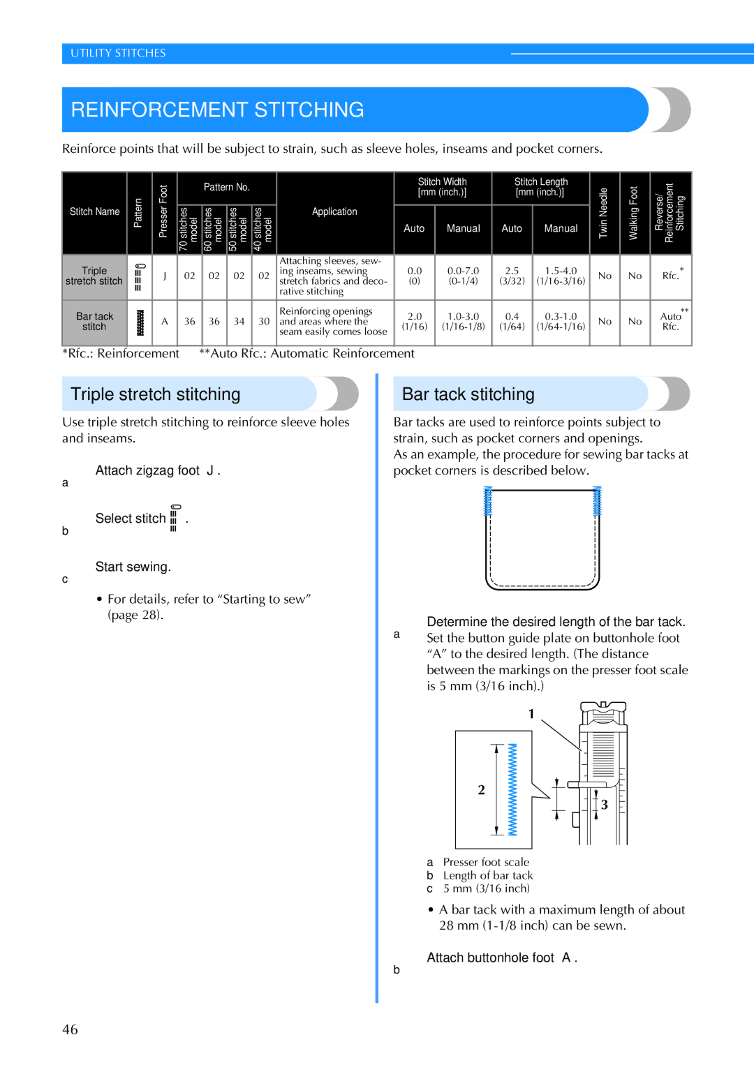 Brother CS6000I operation manual Reinforcement Stitching, Triple stretch stitching, Bar tack stitching 