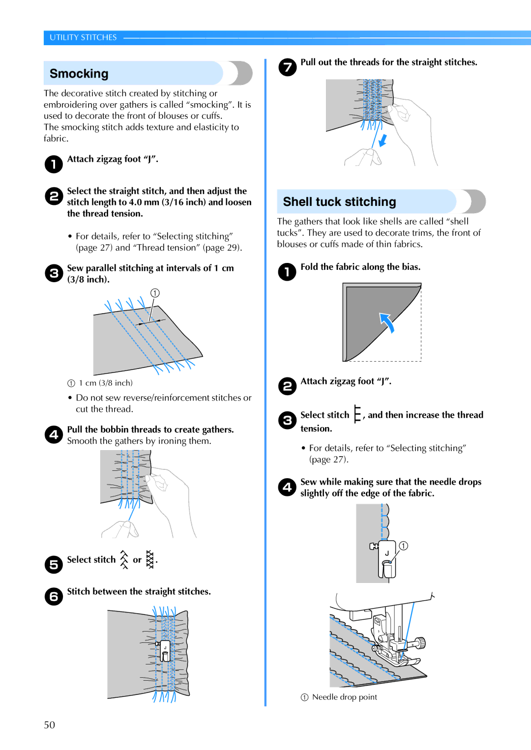 Brother CS6000I operation manual Smocking, Shell tuck stitching, Sew parallel stitching at intervals of 1 cm 3/8 inch 