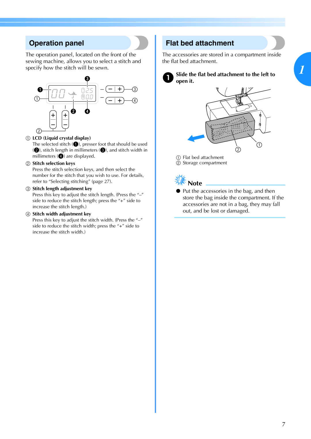 Brother CS6000I operation manual Operation panel, Flat bed attachment, ASlideopen theit. flat bed attachment to the left to 