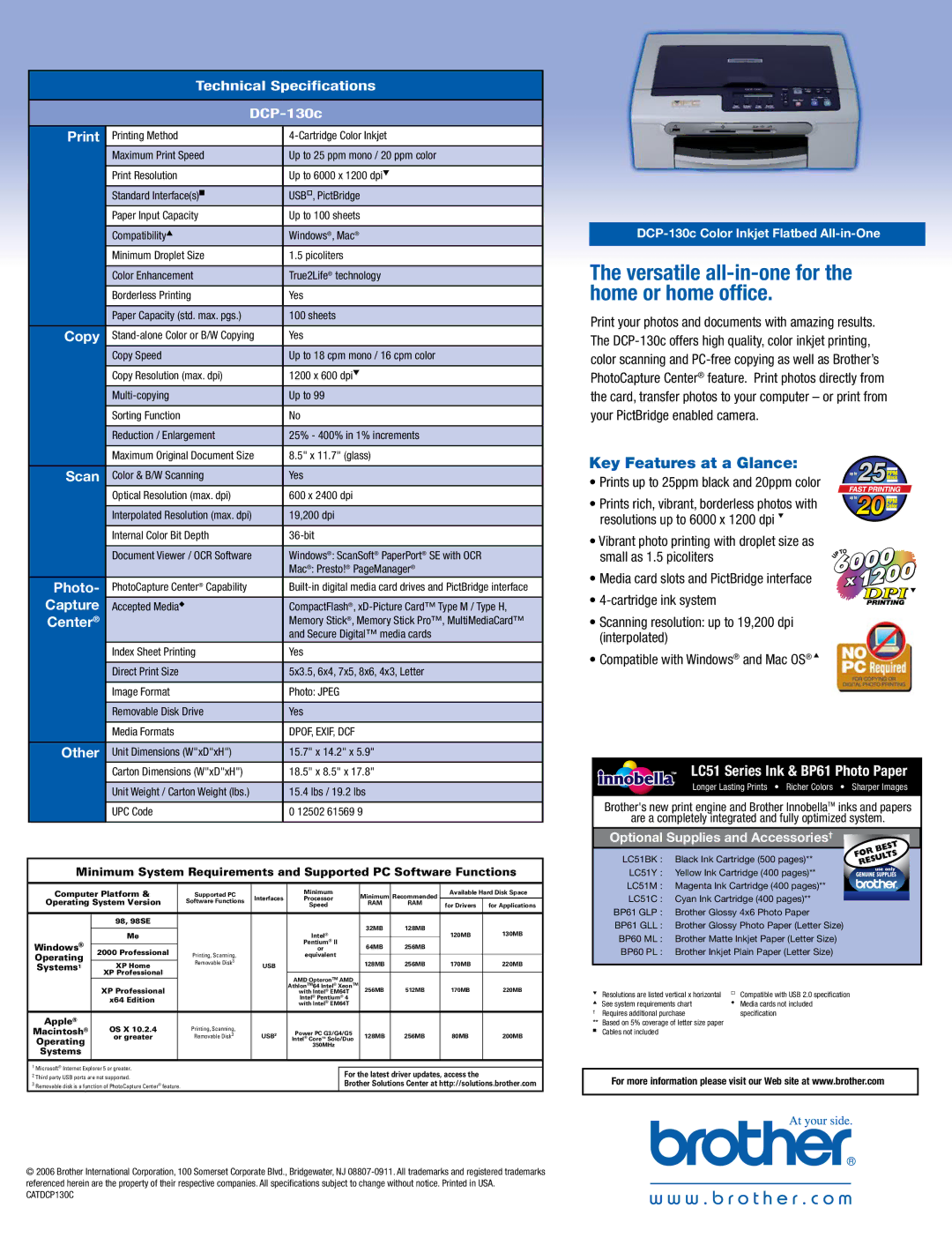 Brother DCP-130C manual Print, Copy, Scan, Capture, Center, Other, LC51 Series Ink & BP61 Photo Paper 