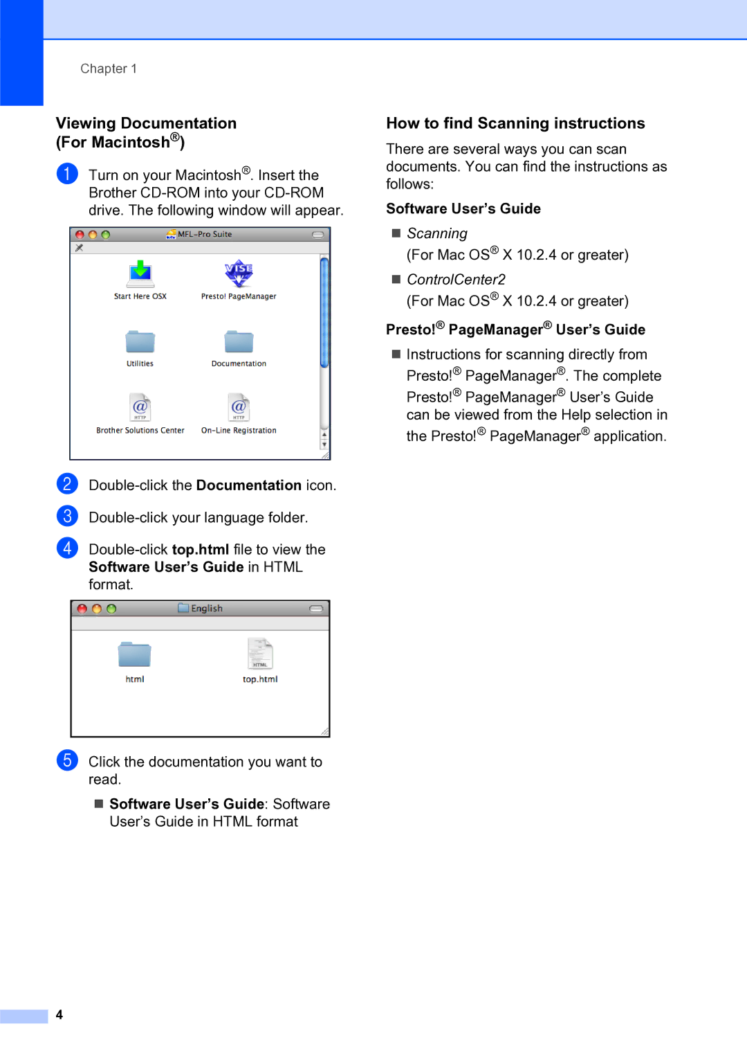 Brother DCP-185C, DCP-145C manual Viewing Documentation For Macintosh, Presto! PageManager User’s Guide 