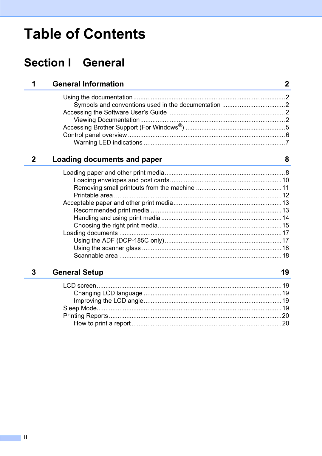 Brother DCP-185C, DCP-145C manual Table of Contents 