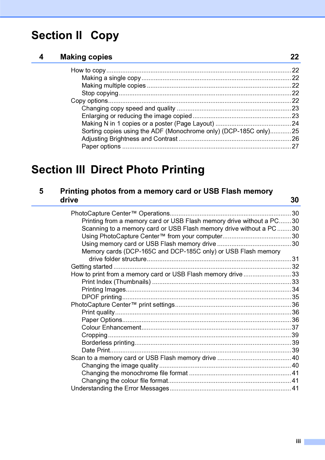 Brother DCP-145C, DCP-185C manual Section II Copy, Section III Direct Photo Printing 