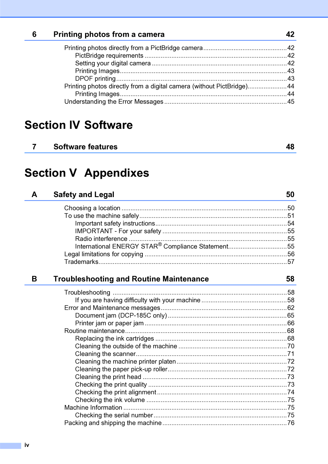 Brother DCP-185C, DCP-145C manual Section IV Software, Section V Appendixes 